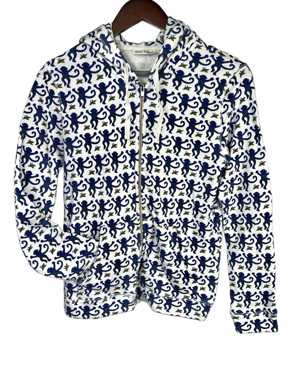 Roller Rabbit Men’s Size Small Blue Monkey Print Full-Zip Hoodie Sweatshirt NWOT
